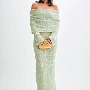 Meshki - Marisol Off Shoulder Boucle Maxi Dress - Pastel Green - XXS